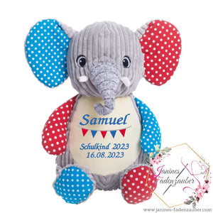 Besticktes weißes Einhorn in Variation, personalisiert nach Wunsch, auf dem Bild mit einem bestickten Elefanten.