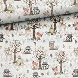 Farbmuster mit Waldtiere in Beige, zum Bestellen, einfache Design, zeigt Naturmotive und Tiermuster in neutralen Tönen